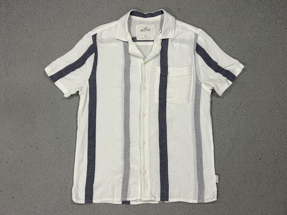 Hollister Shirt Mens Small White Blue Stripe Short Sleeve Button Up Linen Preppy